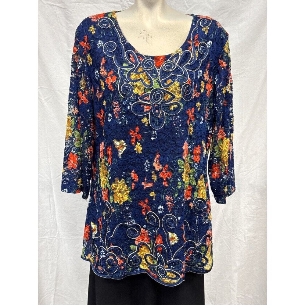 Desheng Womens Multicolor‎ Floral Lace Embellished Blouse Size L/XL 3/4 Sleeve